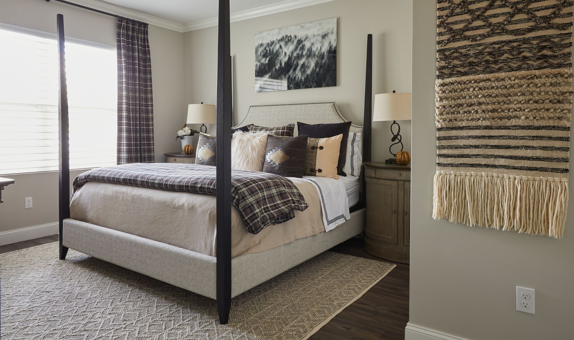 Country master bedroom interior decorator and design plan by Three & Me Designs firm.
