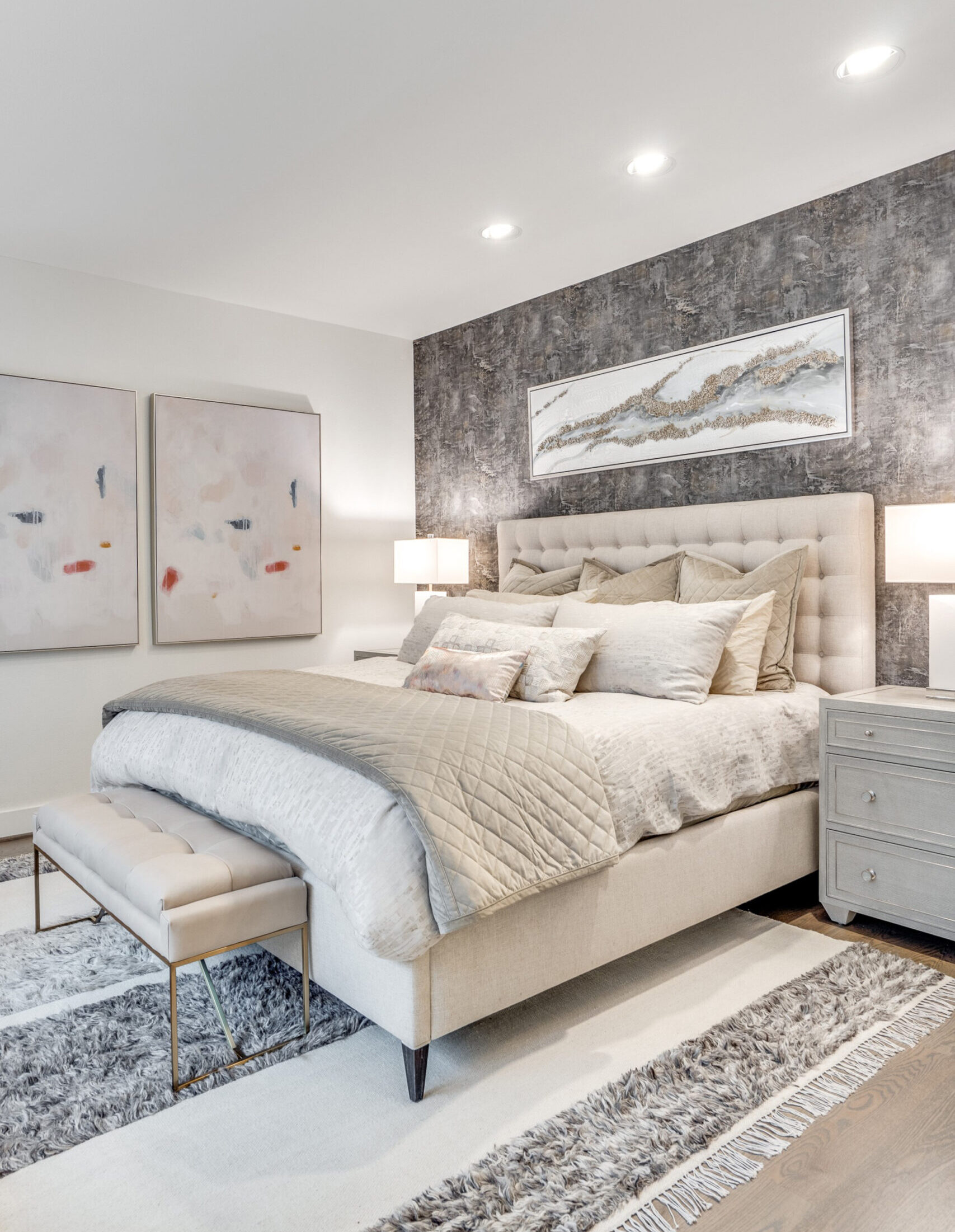 Luxury modern bedroom and interior decorating services in master suite by Three & Me Designs in Queen Creek.