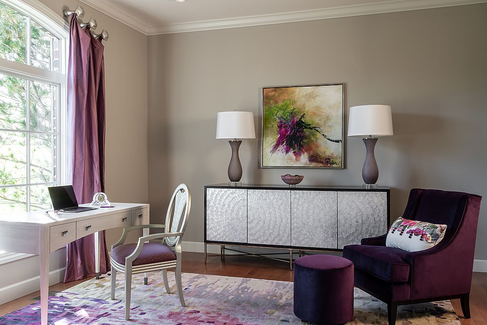 Cozy home workspace with plush seating and layered textures. 